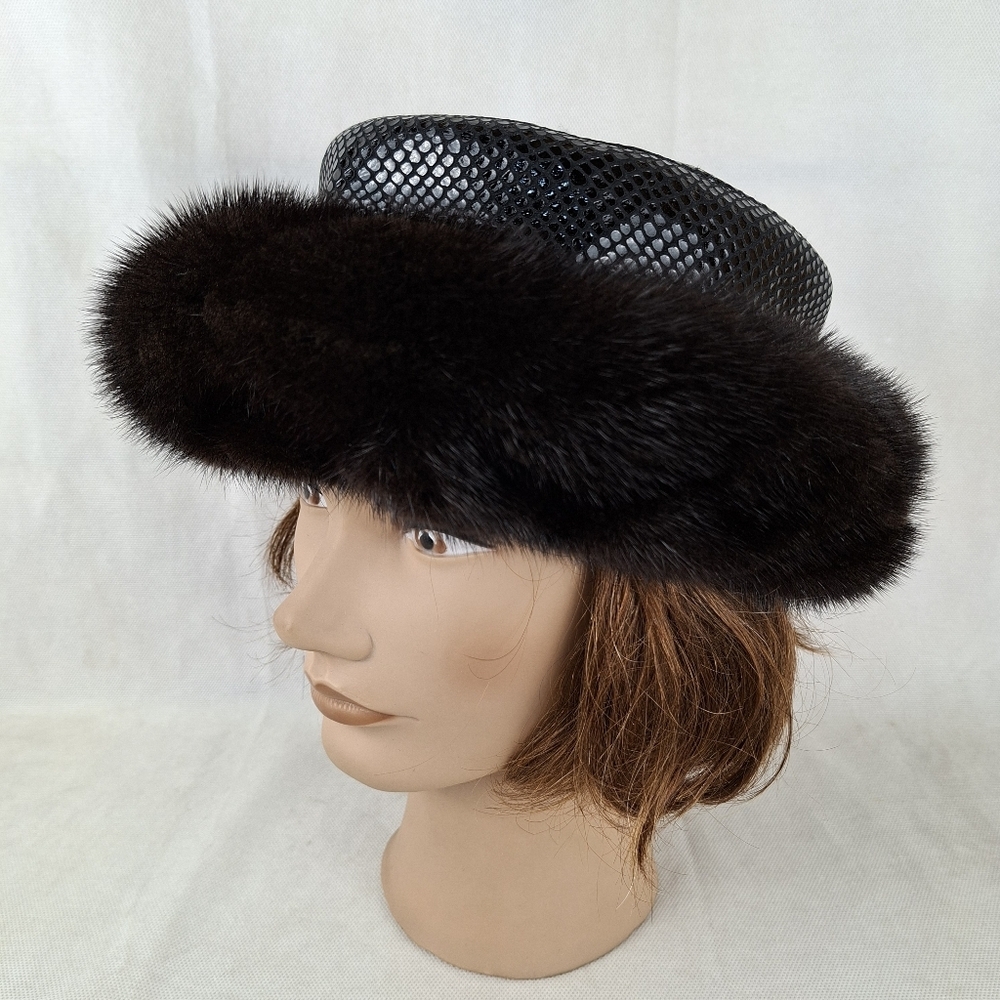 Vintage Fur And Leather Black And Brown Hat Made In Canada